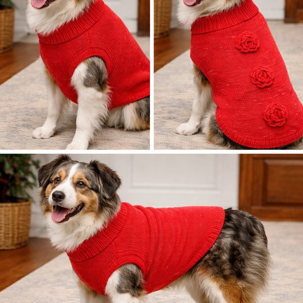 Dog Sweater Size Medium Christmas Festive Holiday Red‎ & Silver with Flowers